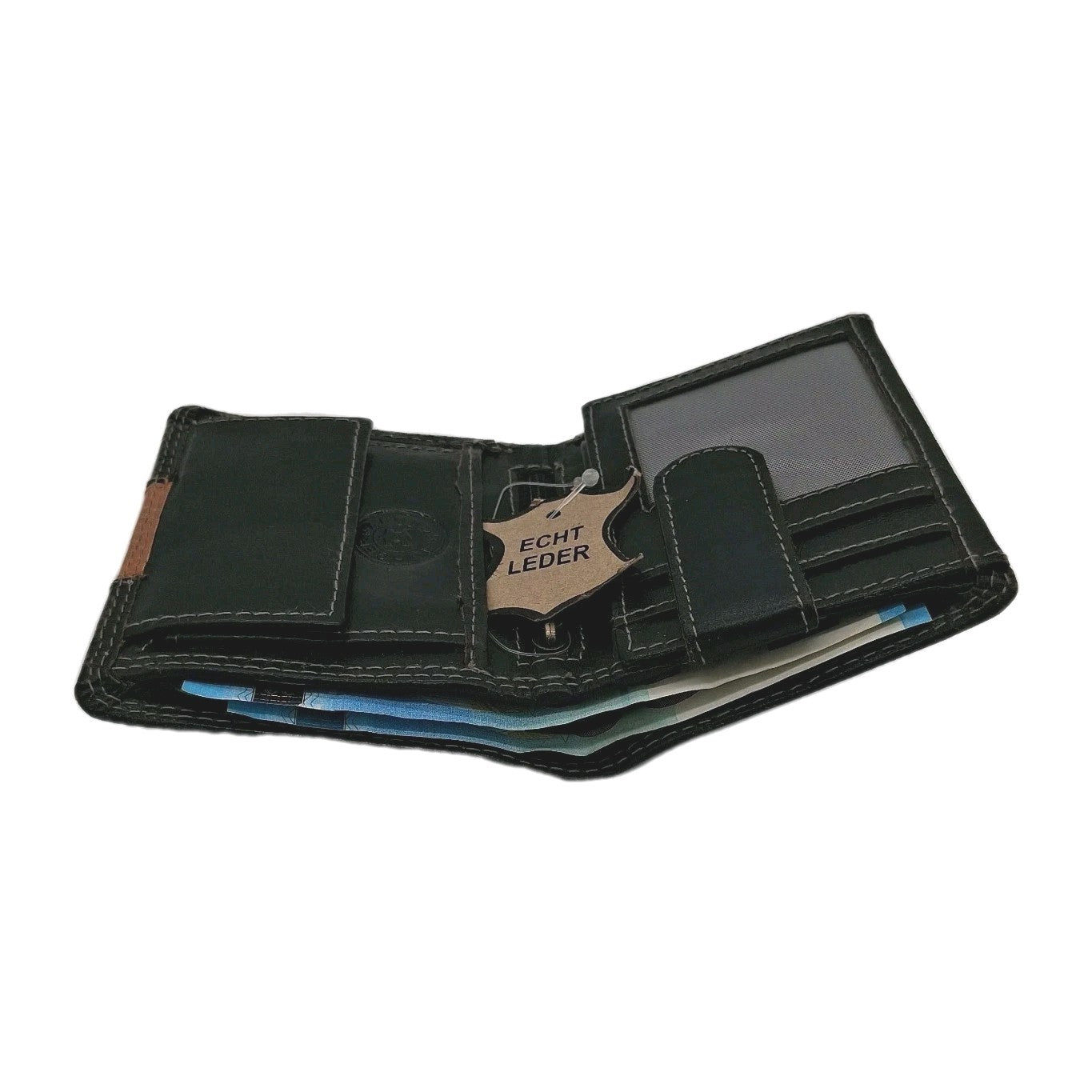 Leder Geldbörse Bi-Fold Schwarz/Cognac Akzent | Kontrastnaht | Münzfach & Zipper