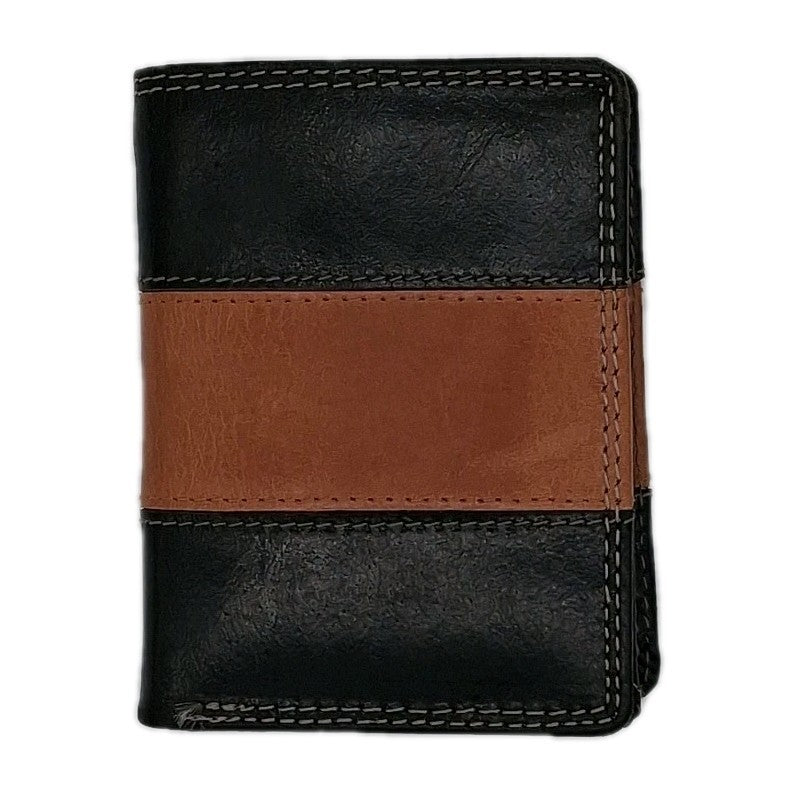 Leder Geldbörse Bi-Fold Schwarz/Cognac Akzent | Kontrastnaht | Münzfach & Zipper