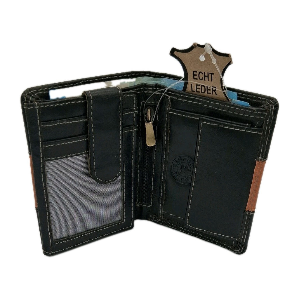 Leder Geldbörse Bi-Fold Schwarz/Cognac Akzent | Kontrastnaht | Münzfach & Zipper