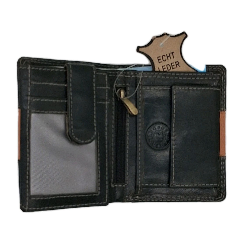 Leder Geldbörse Bi-Fold Schwarz/Cognac Akzent | Kontrastnaht | Münzfach & Zipper