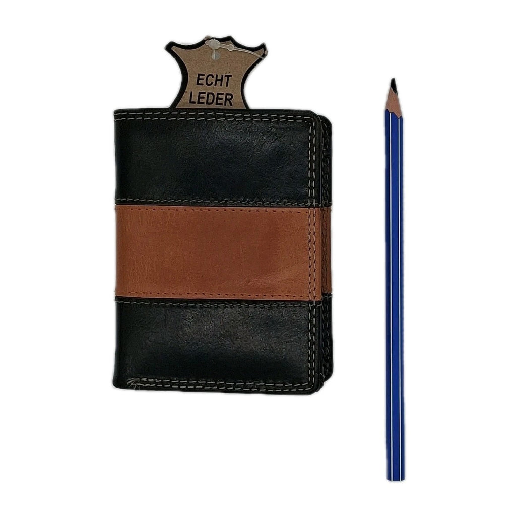 Leder Geldbörse Bi-Fold Schwarz/Cognac Akzent | Kontrastnaht | Münzfach & Zipper
