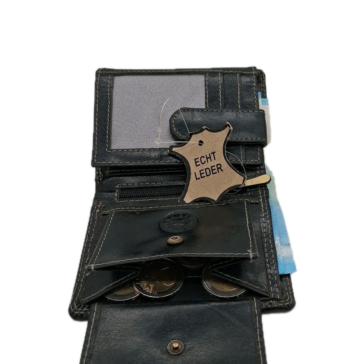 Leder Geldbörse Bi-Fold Schwarz/Cognac Akzent | Kontrastnaht | Münzfach & Zipper